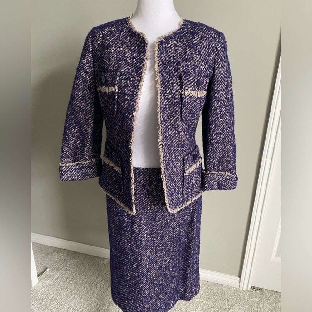 Talbots Purple Tweed Skirt Suit with Cream Trim